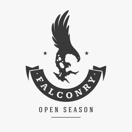 Falconry with silhouette attacking hawk vector logo. Majestic black bird prepared for hunting small animals. Stem peregrine falcon reliable assistant for hunter tracking down and catching prey.のイラスト素材