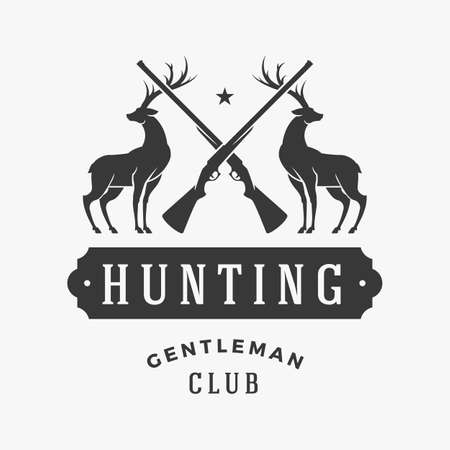 Gentlemens hunting club vector logo. Silhouettes proud deer with crossed guns symbol of gambling and elite monochrome prey. Fueled animal tracking for adrenaline valuable trophies.のイラスト素材
