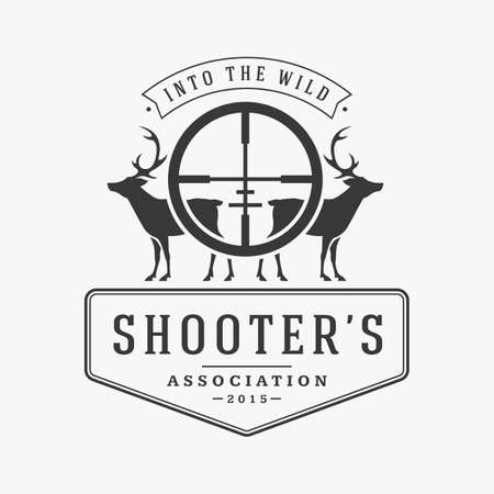 Association hunters with deer in sight vector logo. Prey horned silhouettes with vintage beacons symbol old traditions and rules. Stylized fueled animal tracking for valuable trophies.のイラスト素材