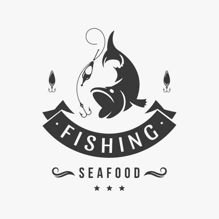 Fresh sea fish restaurant vector logo. Black silhouette fish grabbing hook spoon. Caught healthy tuna lunches and seafood business dinners. Large and tasty catch fishing ocean gifts.のイラスト素材