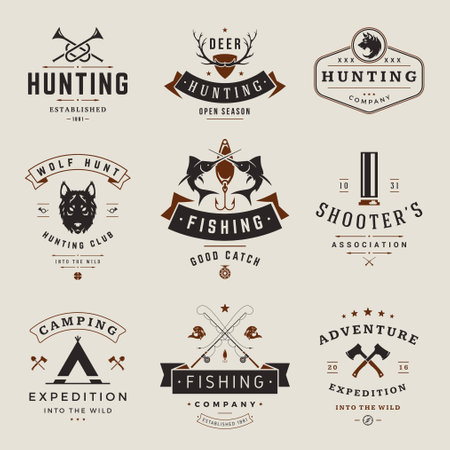 Hunting clubs and fish associations vintage vector logos set. Silhouette wolf head with black antlers on red shield emblem. Crossed fish swords with fishing hook and marine rods stamp.のイラスト素材