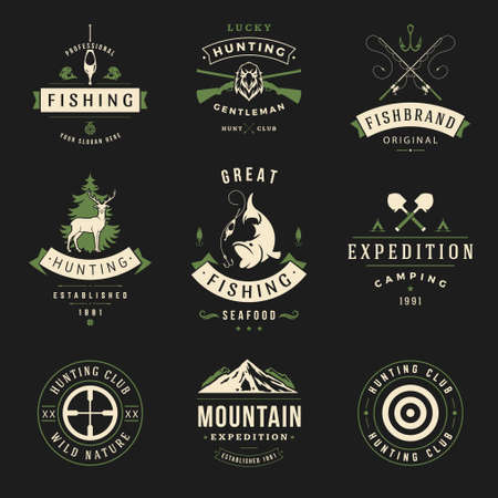 Fish and hunting associations vintage vector logos. White deer near green spruce and head of eagle with crossed guns. Caught big fish with fishing rods and exciting mountain trips.のイラスト素材