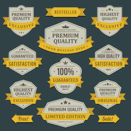 Vintage premium product label with ribbon and place for text set vector illustration. Collection retro badge marketing certificate security quality guarantee exclusive premium design crown and laurelのイラスト素材