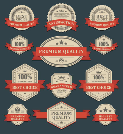Vintage premium product label with ribbon and place for text set vector illustration. Collection retro badge marketing certificate security quality guarantee exclusive premium design crown and laurelのイラスト素材