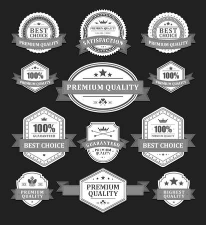 Collection monochrome antique award badge shield with ribbon premium quality vector illustration. Set vintage heraldic label business sticker marketing old fashioned advertising with crown and starsのイラスト素材