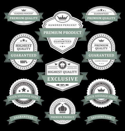 Collection monochrome antique award badge shield with ribbon premium quality vector illustration. Set vintage heraldic label business sticker marketing old fashioned advertising with crown and starsのイラスト素材