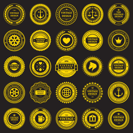 Collection premium vintage circle badge golden stamp decorative design vector illustration. Set insignia antique ragged rounded label frame place for text elegant business logo royal sticker ornamentのイラスト素材