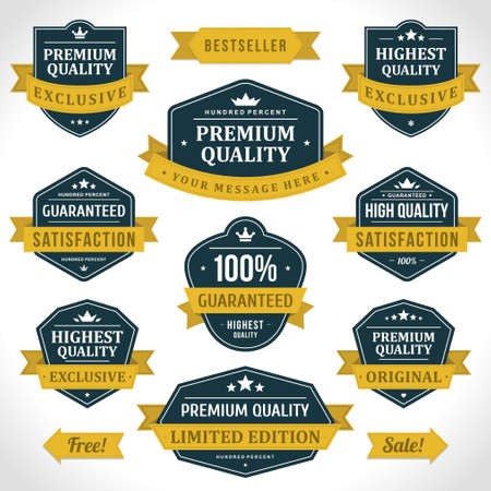 Collection luxury quality certificate best choice award customer satisfaction guarantee vintage label vector illustration. Set premium commercial marketing warranty insignia sale discount badgeのイラスト素材