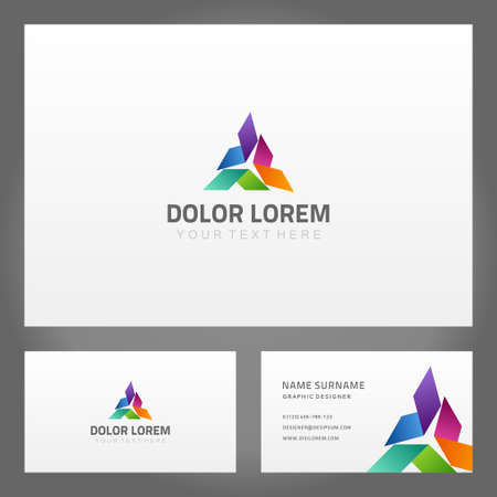Set geometric multicolored figure abstract business card branding identification with place for text vector illustration. Collection namecard angled bright gradient shape decorative design isolatedのイラスト素材