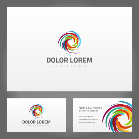 Set twisted smeared bright multicolored circle firework business card decorative design vector illustration. Collection colored splash abstract spin namecard with contacts for communications mockupのイラスト素材
