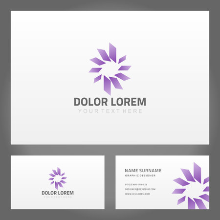Collection geometric ornamental lilac flower circle shape business card template vector illustration. Set elegant purple gradient decorative pattern abstract figure namecard mockup with place for textのイラスト素材