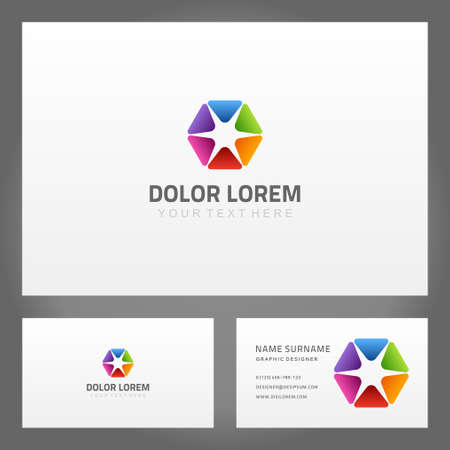 Set multicolored rainbow triangle crystal abstract shape business card decorative design vector illustration. Collection colorful geometric ornamental pattern namecard branding identification mockupのイラスト素材