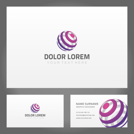Set abstract striped violet gradient sphere geometry business card design place for text vector illustration. Collection 3d circled geometric shape namecard branding identification corporate templateのイラスト素材