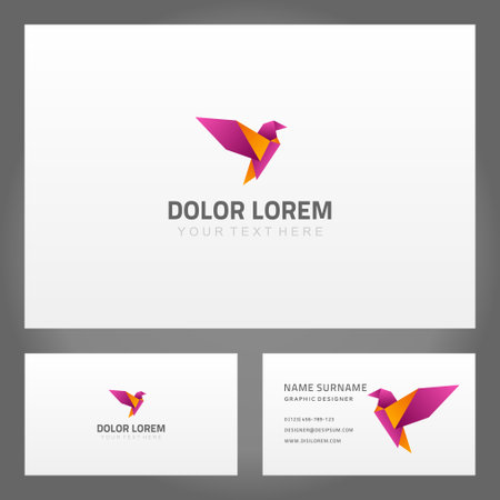 Set wild flying bird with purple wings origami 3d mockup business card design vector illustration. Collection flight freedom fowl feather animal creative exclusive namecard branding identificationのイラスト素材