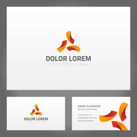 Set orange red abstract curved minimalist shape geometric business card decorative design vector illustration. Collection ornamental wave figure exclusive branding identification corporate namecardのイラスト素材