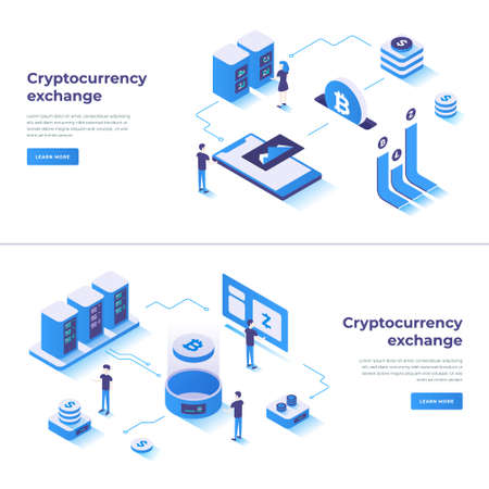 Modern man and woman digital blockchain crypto currency production monitoring landing page set vector illustration. Cryptocurrency exchange business technology connection analyzing web bannerのイラスト素材