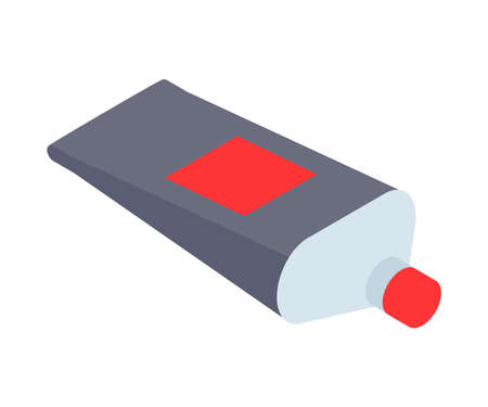Gray plastic tube with red cover label and lid lying down isometric vector illustration. Cosmetic beauty packaging, toothpaste, health care hydration cream hygienic product for face, skin, body, hairのイラスト素材
