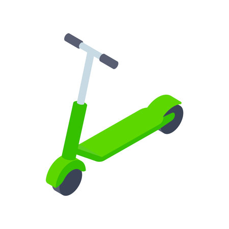 Green kick scooter with wheels and steering wheel isometric 3d icon vector illustration. Metallic bike for summer sports leisure outdoor activity isolated. Speed hipster childish urban transportationのイラスト素材