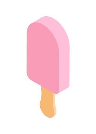 Pink ice cream on wooden stick covered by glaze minimalist isometric vector illustration. 3d icon popsicle iced cool sweet dessert creamy dairy refreshing traditional summer treat frost deliciousのイラスト素材