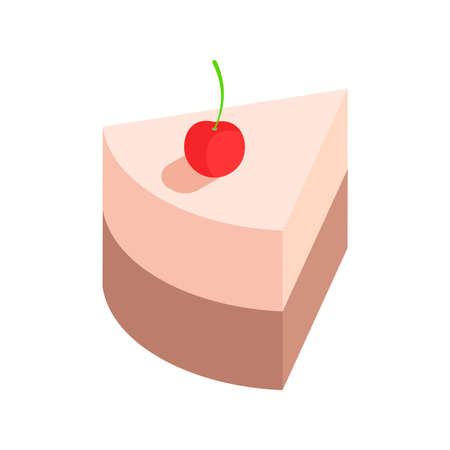 Triangle cake piece with cherry minimalist isometric vector illustration. 3d homemade pastry sweet...
