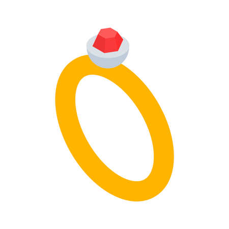 Yellow jewelry ring with red diamond isometric vector illustration. Old fashioned jewellery bijouterie for gift or engagement proposal. Gemstone luxury fashion bridal marriage wedding decorのイラスト素材
