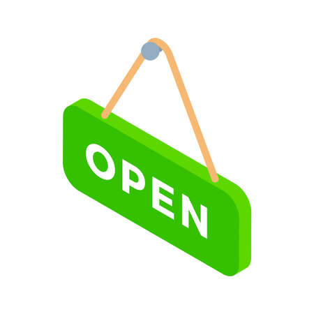 Green hanged street tag open for shop boutique retail business isometric vector illustration. Sticker for hanging on door store opening isolated. Welcome badge board market advertising promoのイラスト素材