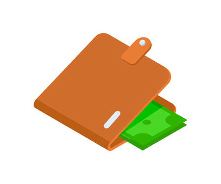 Open brown leather wallet with cash money dollar minimalist 3d icon isometric vector illustration. Account commercial accessory for currency carrying comfortable storage. Financial banking businessのイラスト素材