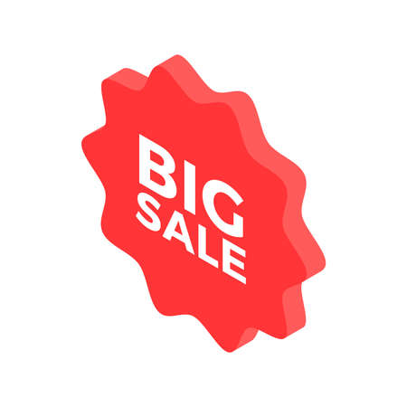 Big sale marketing shopping circle red badge with curl edges isometric minimalist 3d icon vector illustration. Retail business discount special offer black friday tag sticker isolatedのイラスト素材