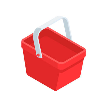Red plastic shopping cart with handle for purchase carrying minimalist 3d icon isometric vector illustration. Supermarket basket commerce business retail container for store or shop buyingのイラスト素材