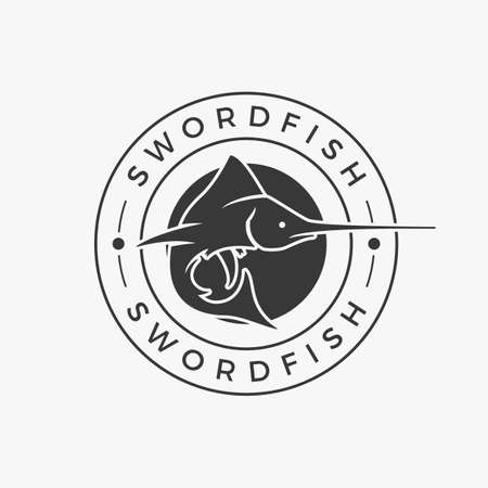 Minimalist circle hunting swordfish vintage logo with place for text vector illustration. Retro textured fishing wildlife rounded label isolated. Spinning sport wild fish business emblem store retailのイラスト素材