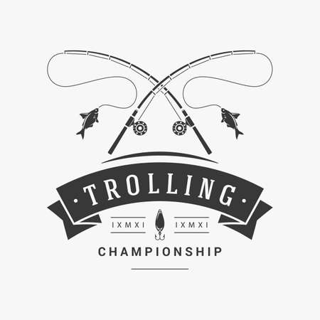 Monochrome crossed fishing rods with catching fish textured vintage logo vector illustration. Hunting sport recreational hobby minimalist retro emblem design. Wildlife leisure outdoor activityのイラスト素材