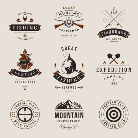 Collection vintage decorative hunting hobby logo with place for text vector illustration. Set retro emblem template wild animals and birds fishing tourism camping expedition outdoor leisure activityのイラスト素材