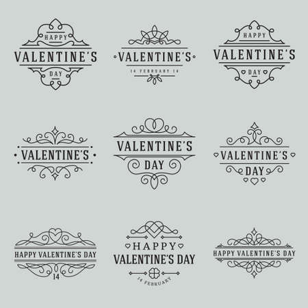 Happy Valentines Day vintage frame emblem minimalist design collection vector illustration. Set monochrome retro curved elegance border decorative old fashioned logo with place for text isolatedのイラスト素材