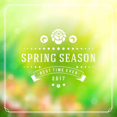 Spring badge vector typographic design greeting card. Spring blurred lights background and flowers.のイラスト素材