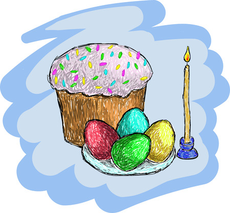 Easter set: eggs, bread, candle. Vector illustration.のイラスト素材