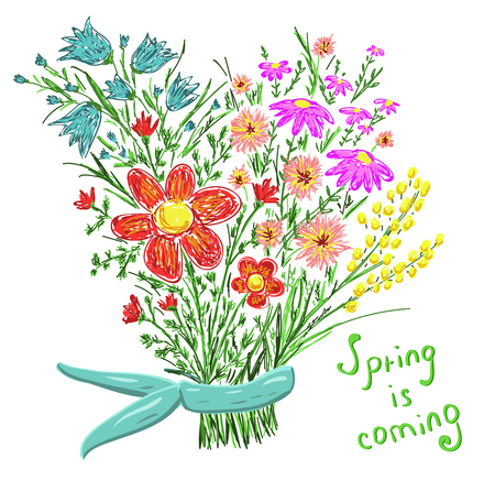 Multicolored bouquet of wildflowers with blue ribbon congratulation with spring.のイラスト素材