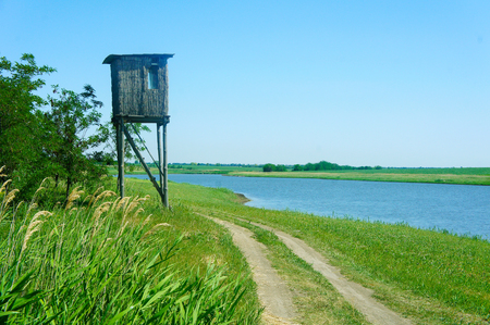 a house and a road on a green lawn by the lake, a trampled pathの写真素材
