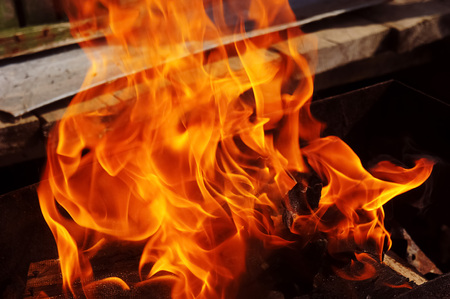 big fire smoke strong bonfire fire brazier on nature bones fry meat vegetables cookの写真素材