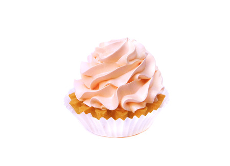 isolated cake with cream pink .Delicious birthday cupcake on white backgroundの写真素材