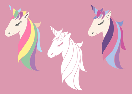 set of vector pink unicorns beautiful for girls, festive purple, for birthday. head of a unicorn with a horn and maneのイラスト素材