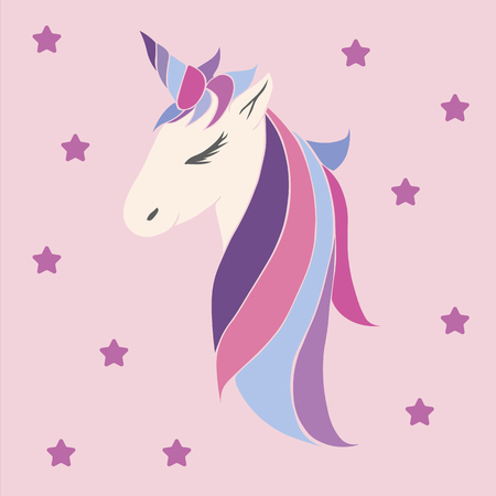 head of a unicorn with a horn and manevector pink unicorn beautiful for girls, festive purple, for birthdayのイラスト素材