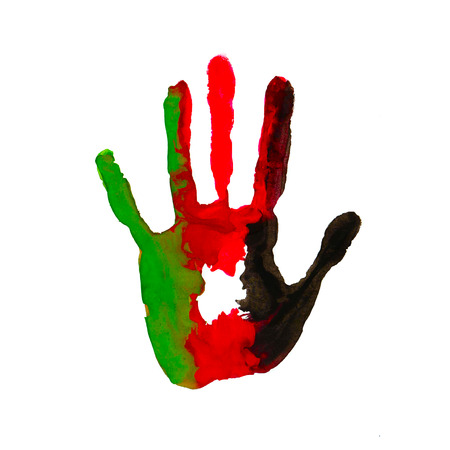 Black, red, green color of the flag. Handprint in the form of the flag of Afghanistan.の写真素材