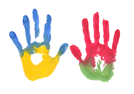 Two flags of Ukraine and Belarus. Brotherhood of nations. Flag in the form of a Handprint.の写真素材
