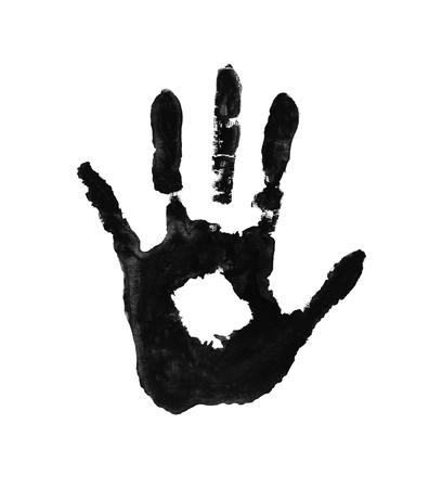 Imprint of the palm. Hand in paint. Watercolor handprint on paper isolated.の写真素材