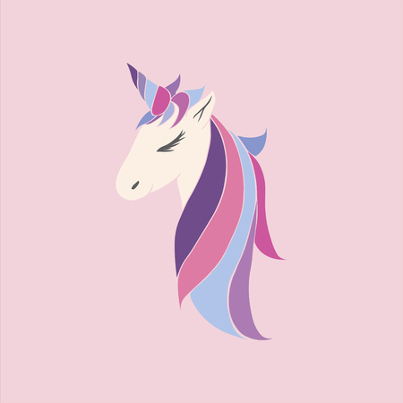 head of a unicorn with a horn and manevector pink unicorn beautiful for girls, festive purple, for birthdayのイラスト素材