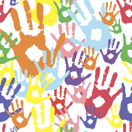 colored palms in paint. Vector background, color prints of hands symbolizes friendship.のイラスト素材