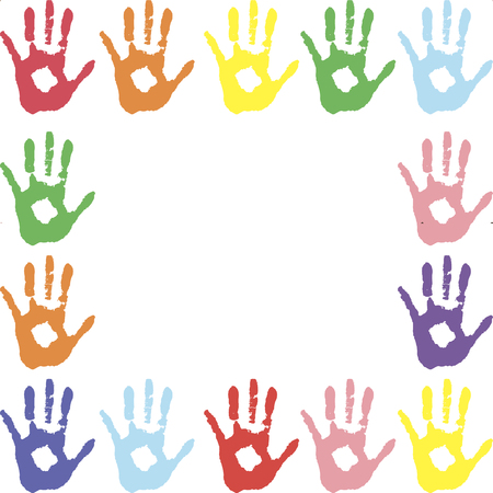 children's fun. place for text. frame. color prints of hands in paint.のイラスト素材