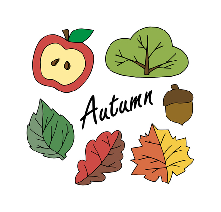 Autumn set of items. colorful foliage. brown mushroom and apples. acorn leaves tree bushのイラスト素材