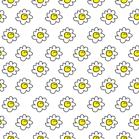 isolated floral yellow seamless chamomile drawing. vector illustration. White daisies seamless pattern on a white backgroundのイラスト素材