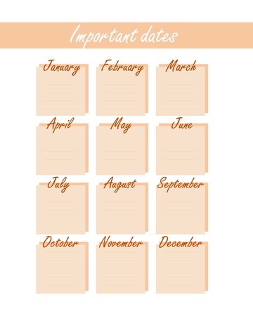 calendar with birthdays and other events in a minimalist form. Universal peach colour stylish calendar of important dates.のイラスト素材